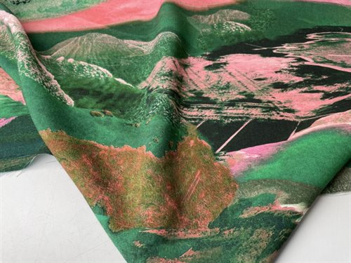 Fastvævet bomuld - let og abstrakt landskab i grønne og lyserøde farver